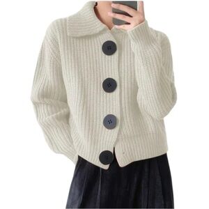 Nuvoula Tressi Knitted Sweater Big Button Cardigan White NWT New Large